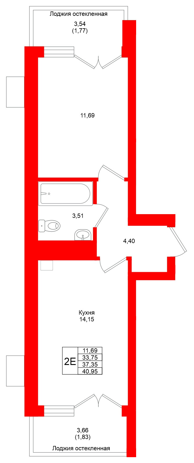Квартира в ЖК Lake City-4, 1 комнатная, 37.35 м², 2 этаж