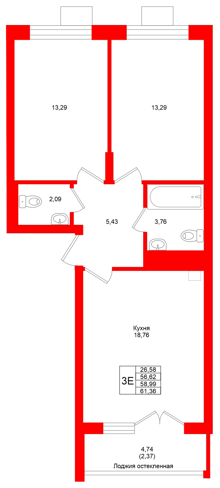 Квартира в ЖК Lake City-4, 2 комнатная, 58.99 м², 6 этаж