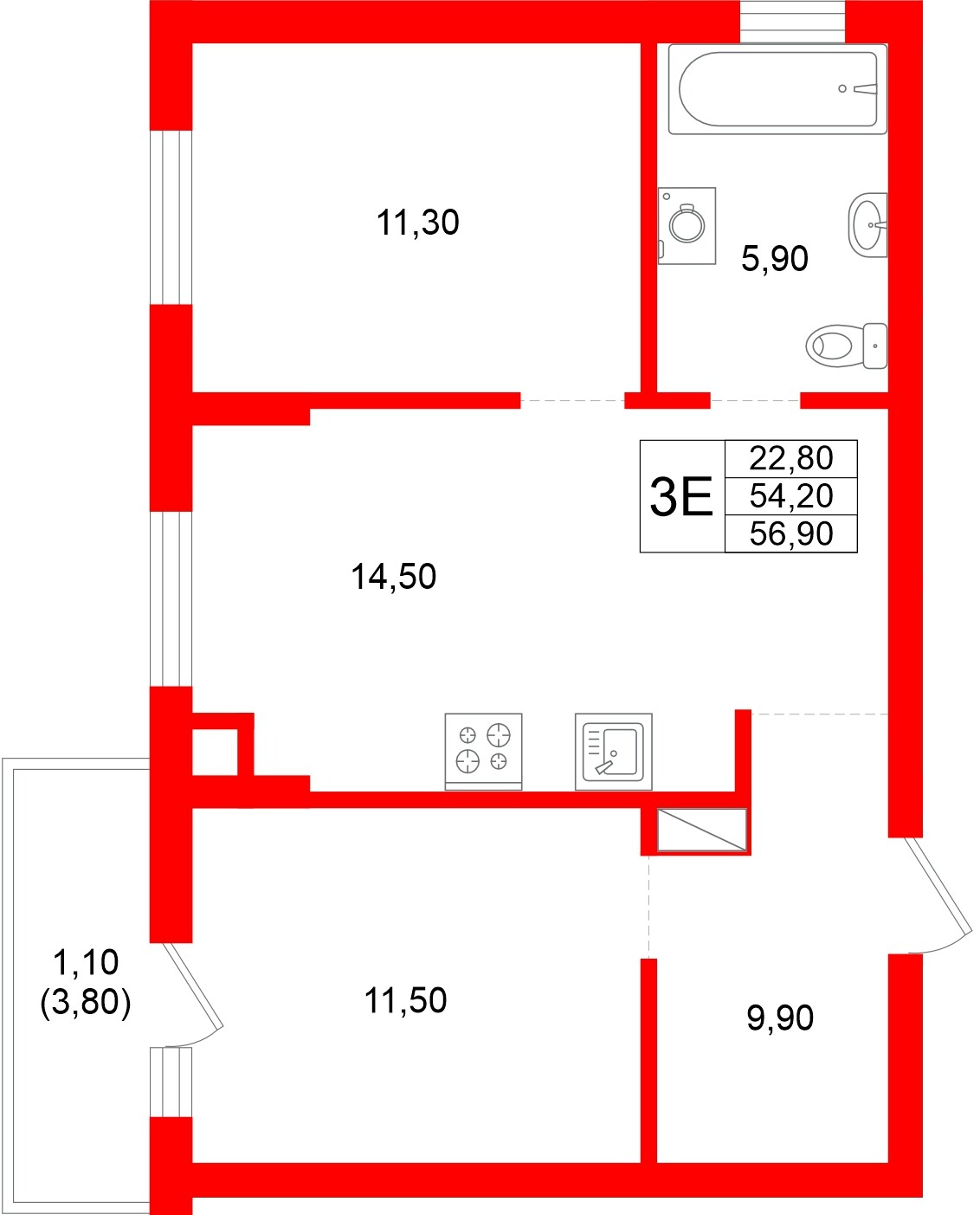 Квартира в ЖК Луччи, 2 комнатная, 56.9 м², 2 этаж