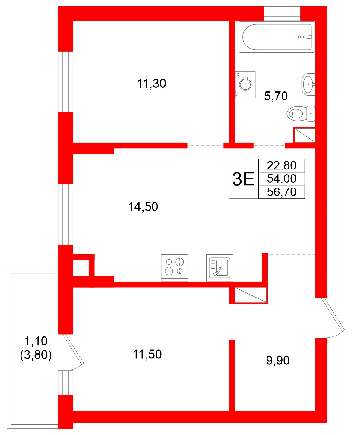 Квартира в ЖК Луччи, 2 комнатная, 56.7 м², 7 этаж