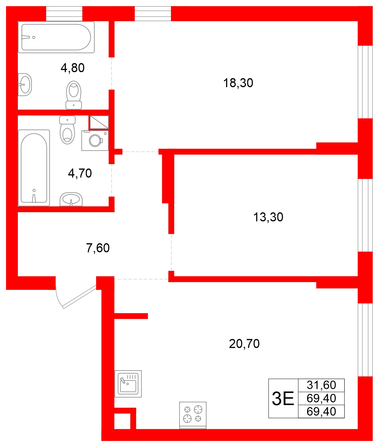 Квартира в ЖК Луччи, 2 комнатная, 69.4 м², 1 этаж