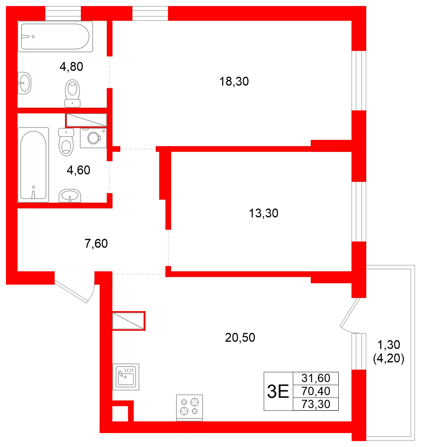Квартира в ЖК Луччи, 2 комнатная, 73.3 м², 2 этаж