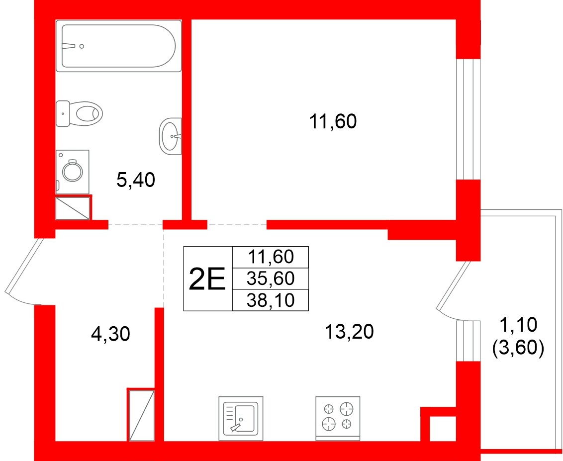 Квартира в ЖК Луччи, 1 комнатная, 38.1 м², 8 этаж