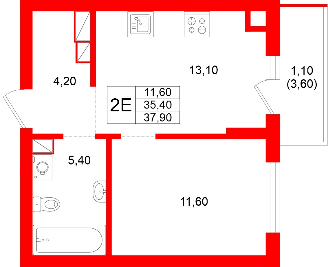 Квартира в ЖК Луччи, 1 комнатная, 37.9 м², 8 этаж