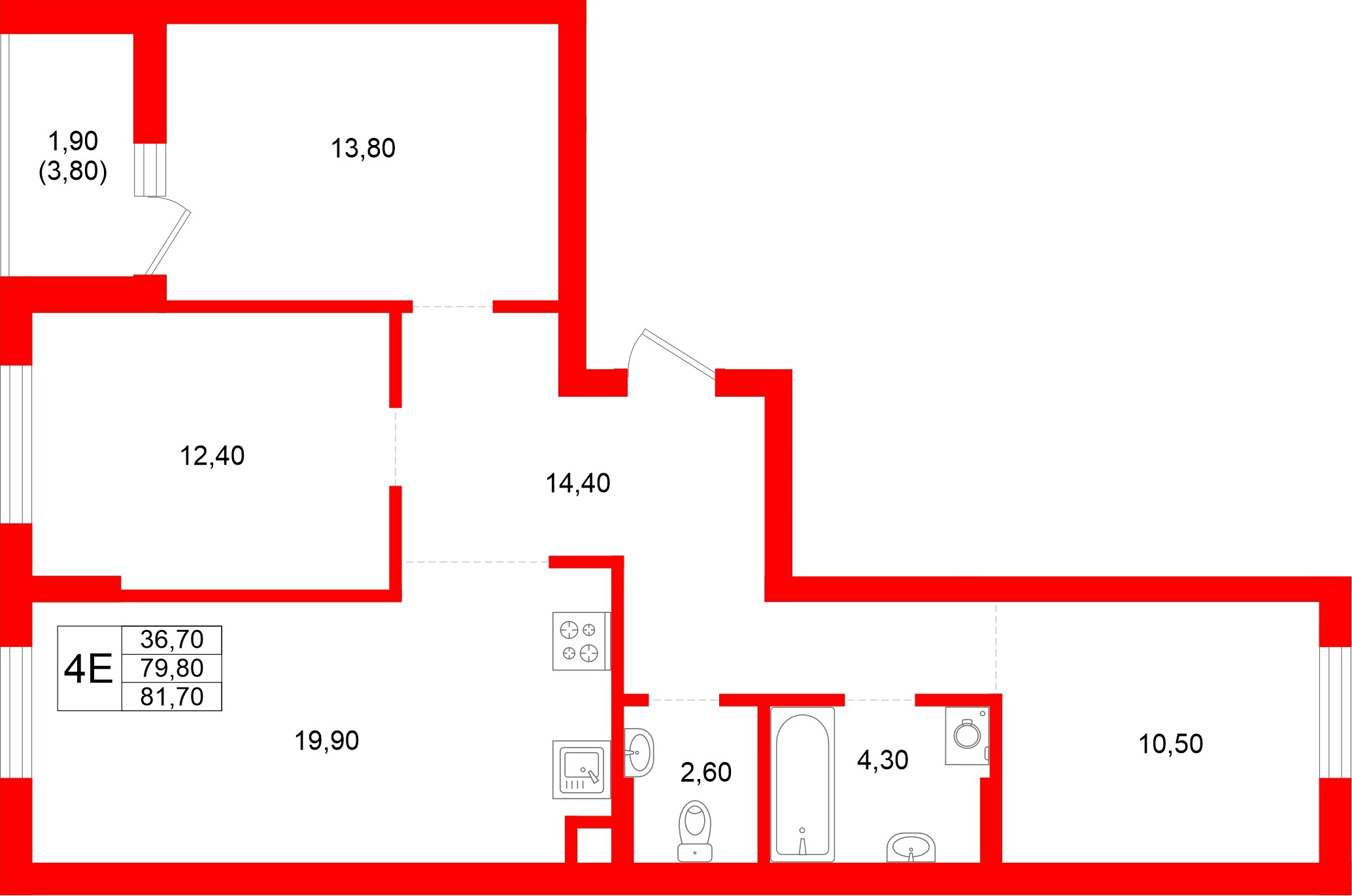 Квартира в ЖК Луччи, 3 комнатная, 81.7 м², 1 этаж
