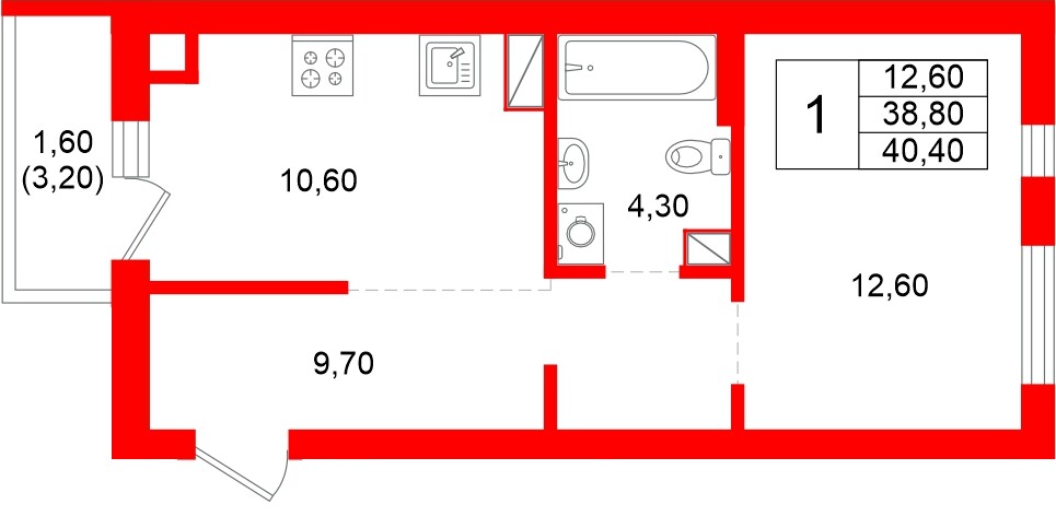 Квартира в ЖК Луччи, 1 комнатная, 40.4 м², 6 этаж