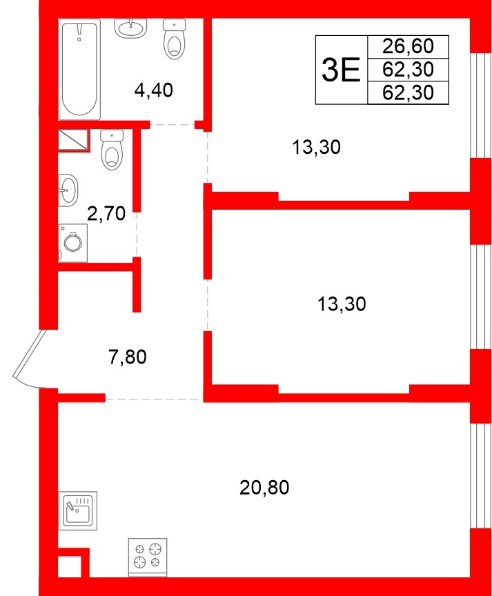 Квартира в ЖК Луччи, 2 комнатная, 62.3 м², 1 этаж