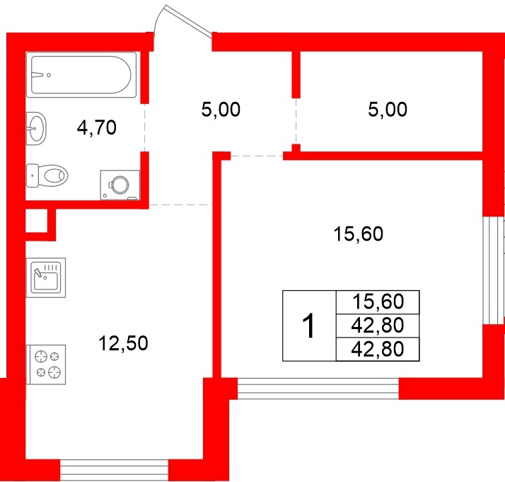 Квартира в ЖК Луччи, 1 комнатная, 42.8 м², 1 этаж