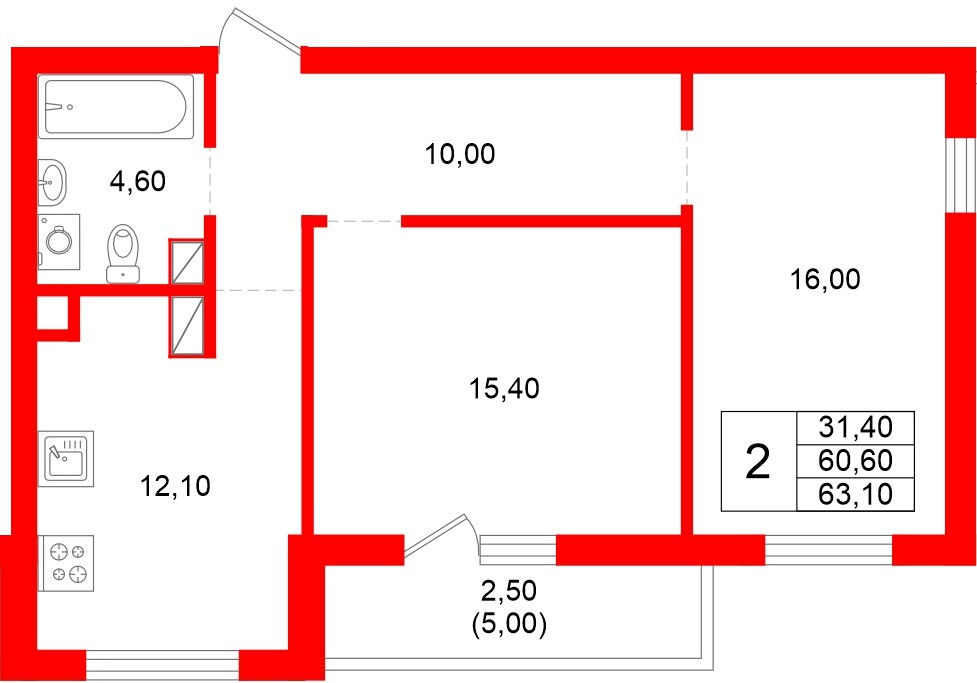 Квартира в ЖК Луччи, 2 комнатная, 63.1 м², 6 этаж