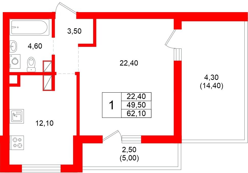 Квартира в ЖК Луччи, 1 комнатная, 62.1 м², 8 этаж