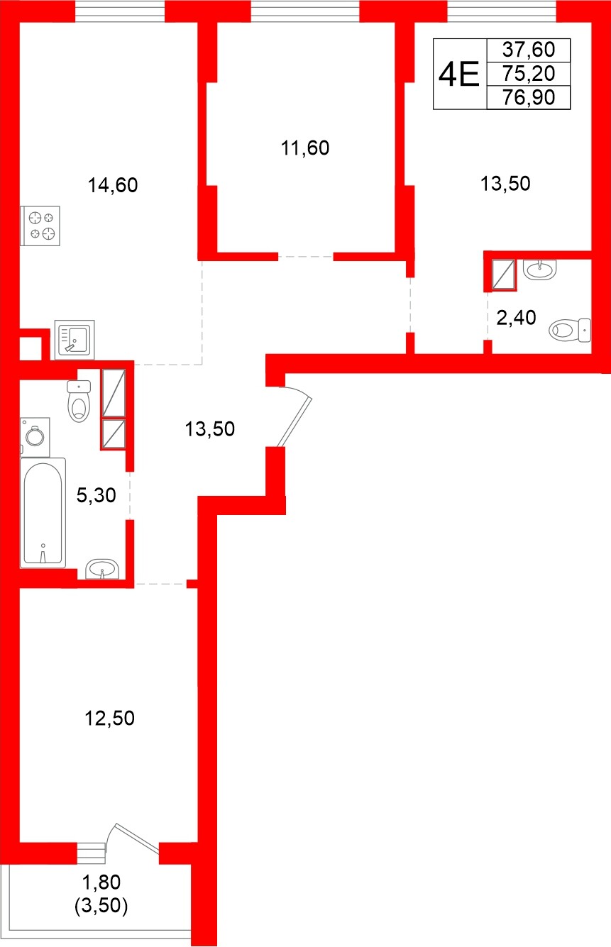 Квартира в ЖК Луччи, 3 комнатная, 76.9 м², 3 этаж
