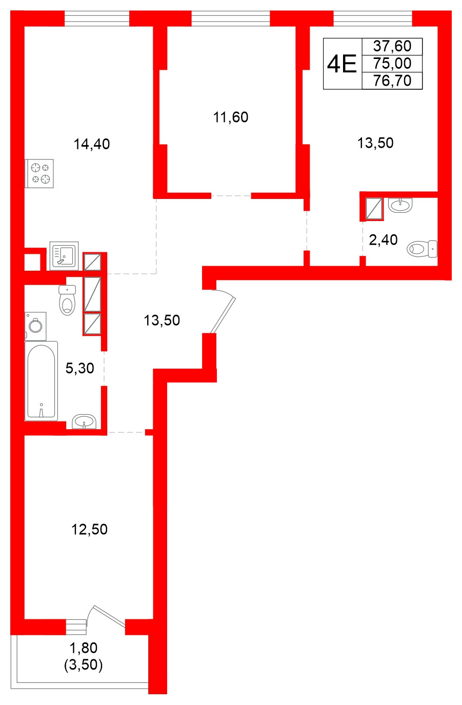 Квартира в ЖК Луччи, 3 комнатная, 76.7 м², 8 этаж