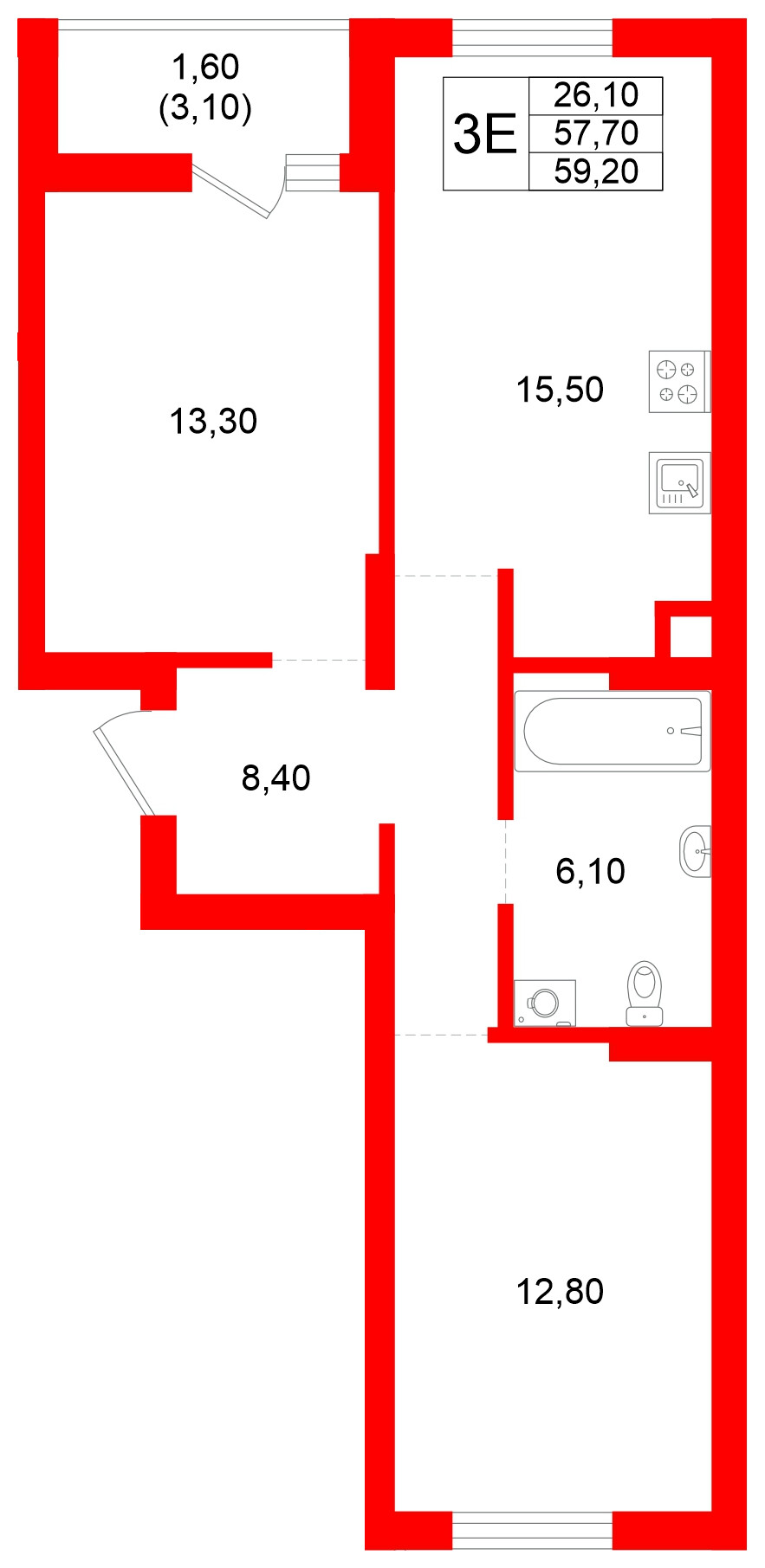 Квартира в ЖК Луччи, 2 комнатная, 59.2 м², 2 этаж