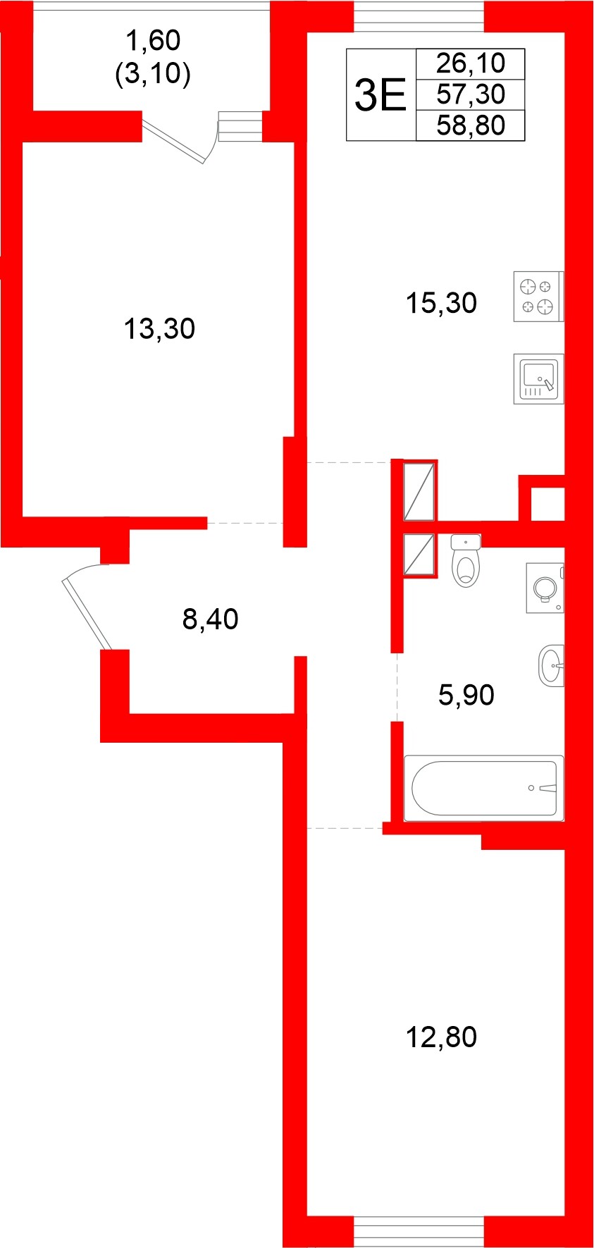 Квартира в ЖК Луччи, 2 комнатная, 58.8 м², 3 этаж