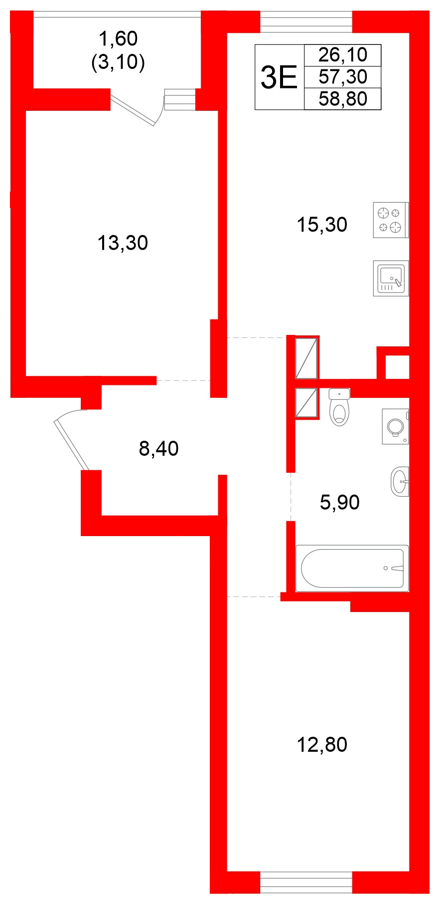 Квартира в ЖК Луччи, 2 комнатная, 58.8 м², 7 этаж