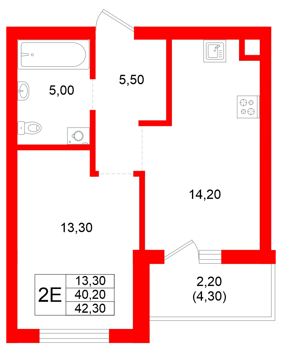 Квартира в ЖК Луччи, 1 комнатная, 42.3 м², 1 этаж
