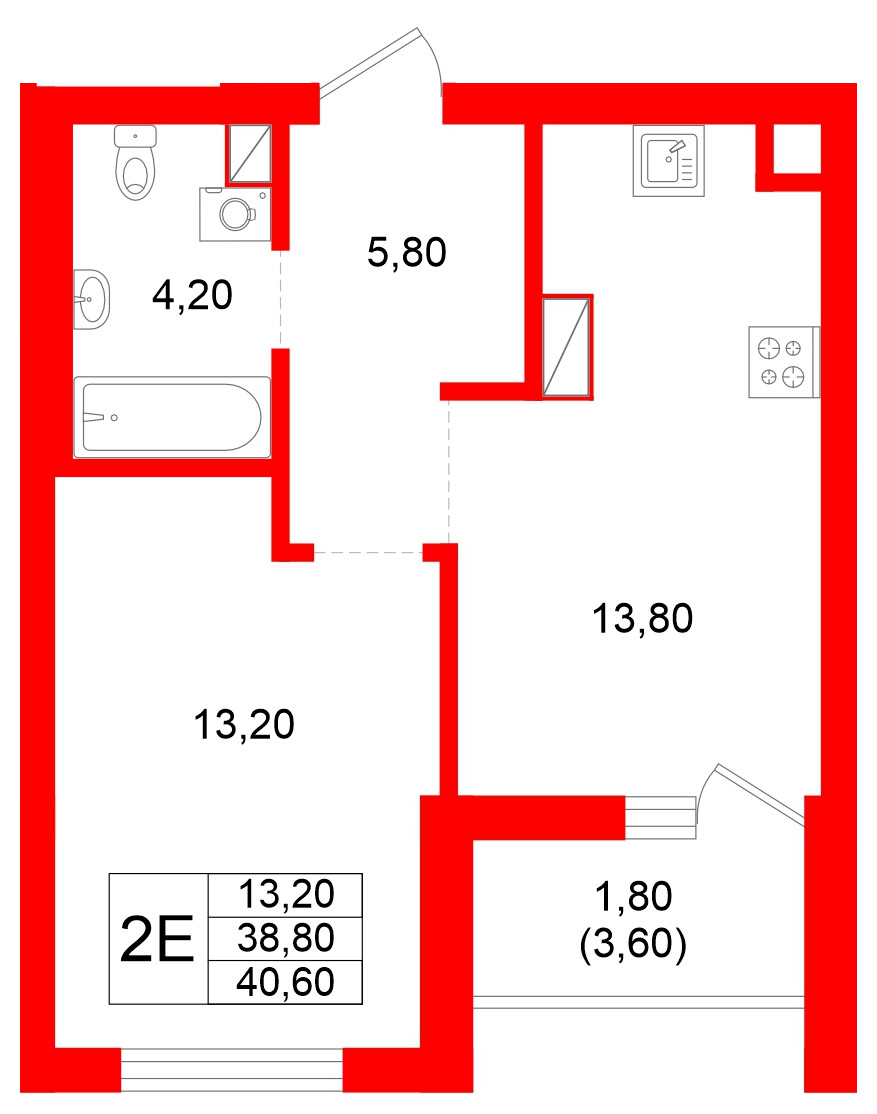 Квартира в ЖК Луччи, 1 комнатная, 40.6 м², 2 этаж
