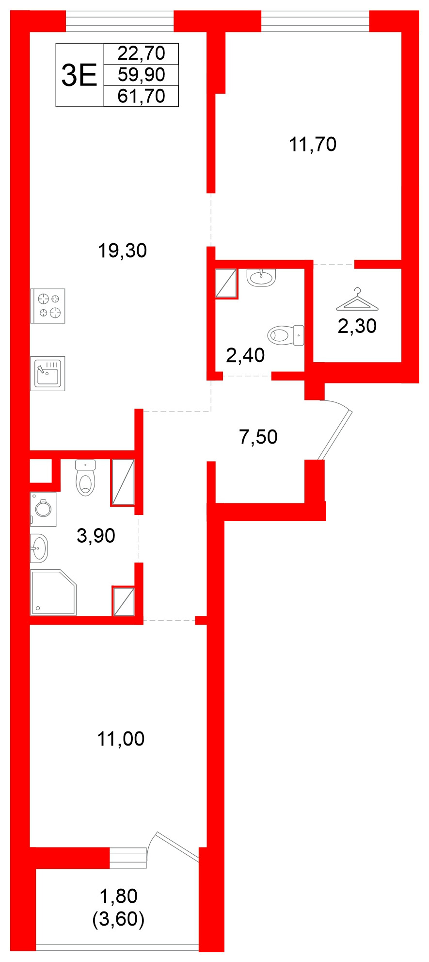 Квартира в ЖК Луччи, 2 комнатная, 61.7 м², 7 этаж