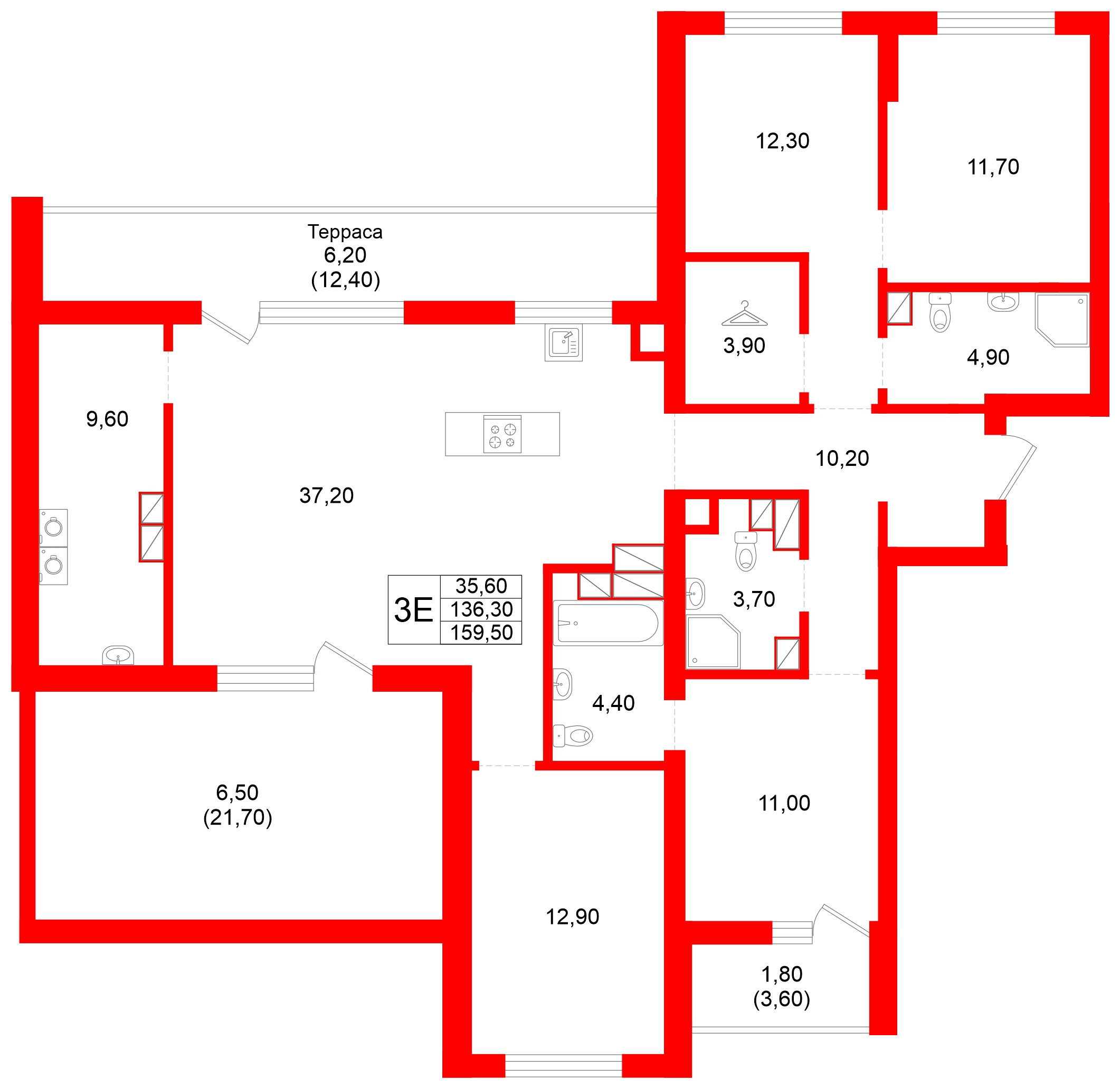 Квартира в ЖК Луччи, 3 комнатная, 159.5 м², 9 этаж