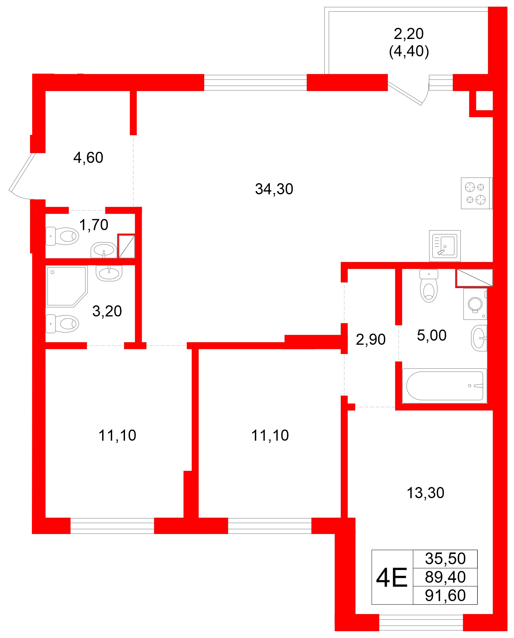Квартира в ЖК Луччи, 3 комнатная, 91.6 м², 1 этаж