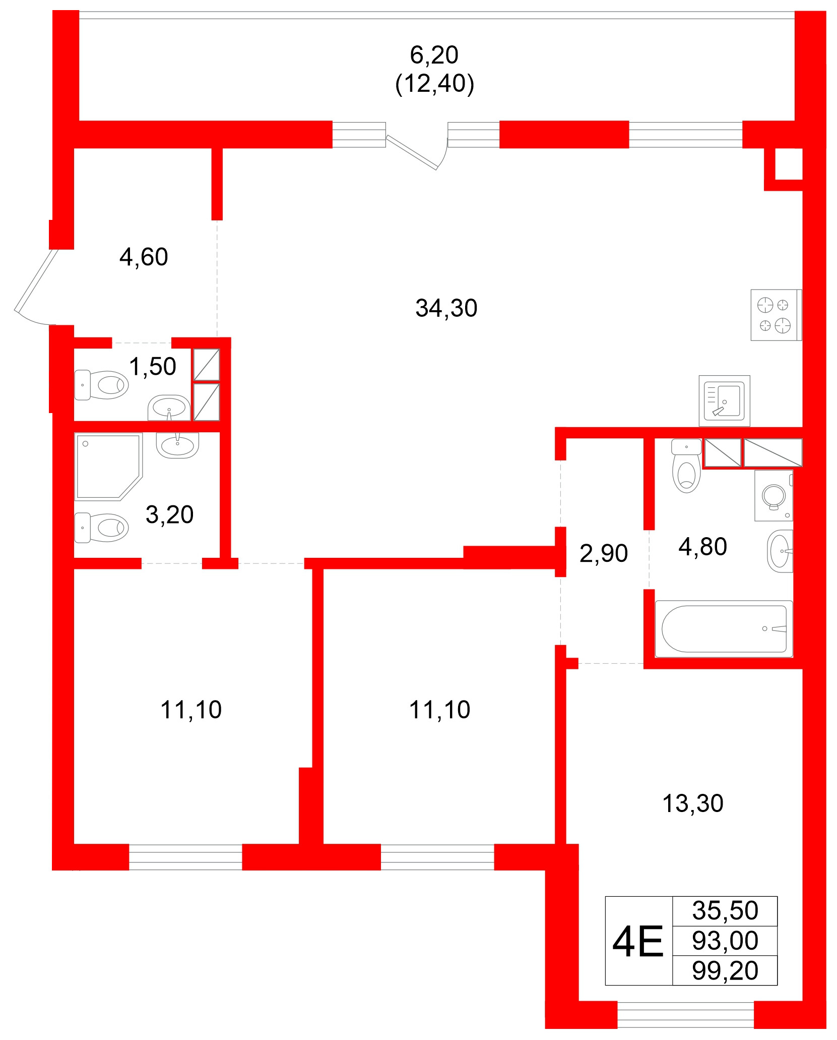 Квартира в ЖК Луччи, 3 комнатная, 99.2 м², 2 этаж