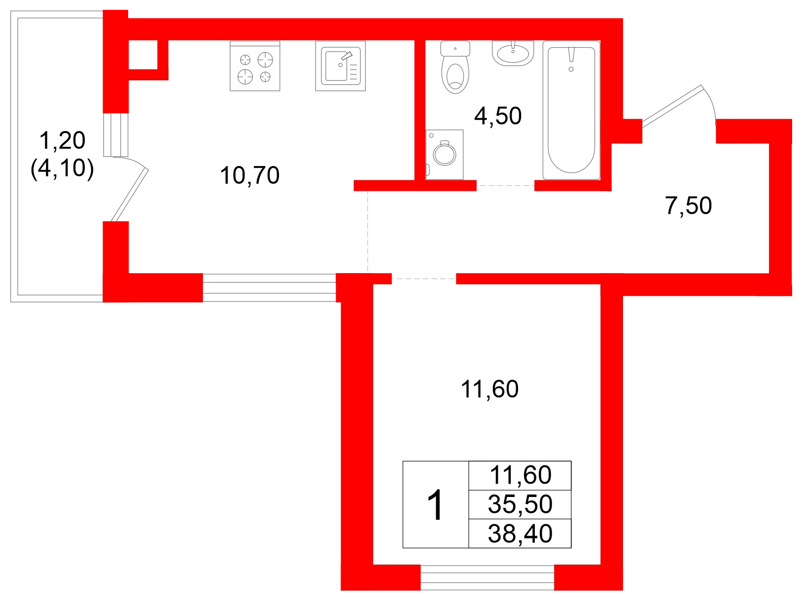 Квартира в ЖК Луччи, 1 комнатная, 38.4 м², 1 этаж