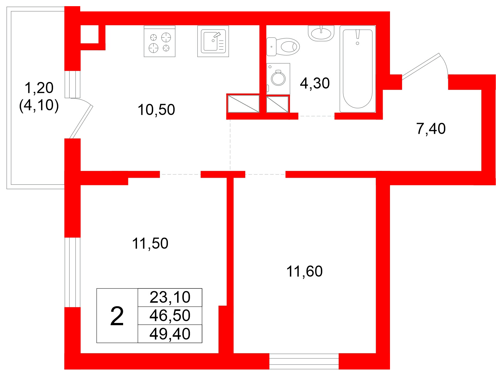 Квартира в ЖК Луччи, 2 комнатная, 49.4 м², 2 этаж