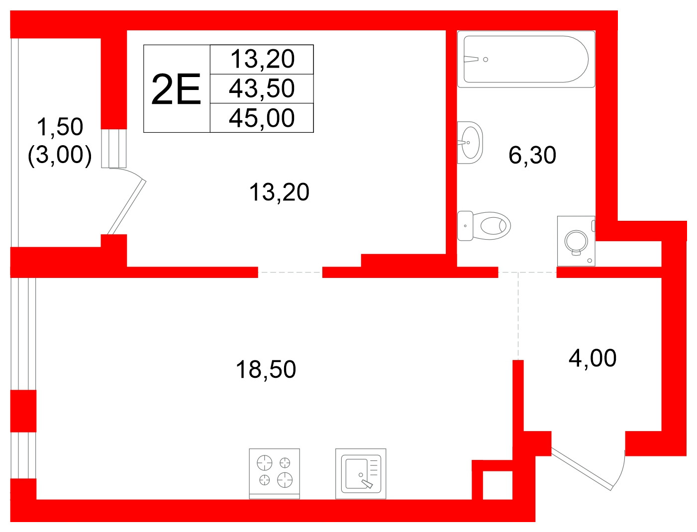 Квартира в ЖК Луччи, 1 комнатная, 45 м², 2 этаж