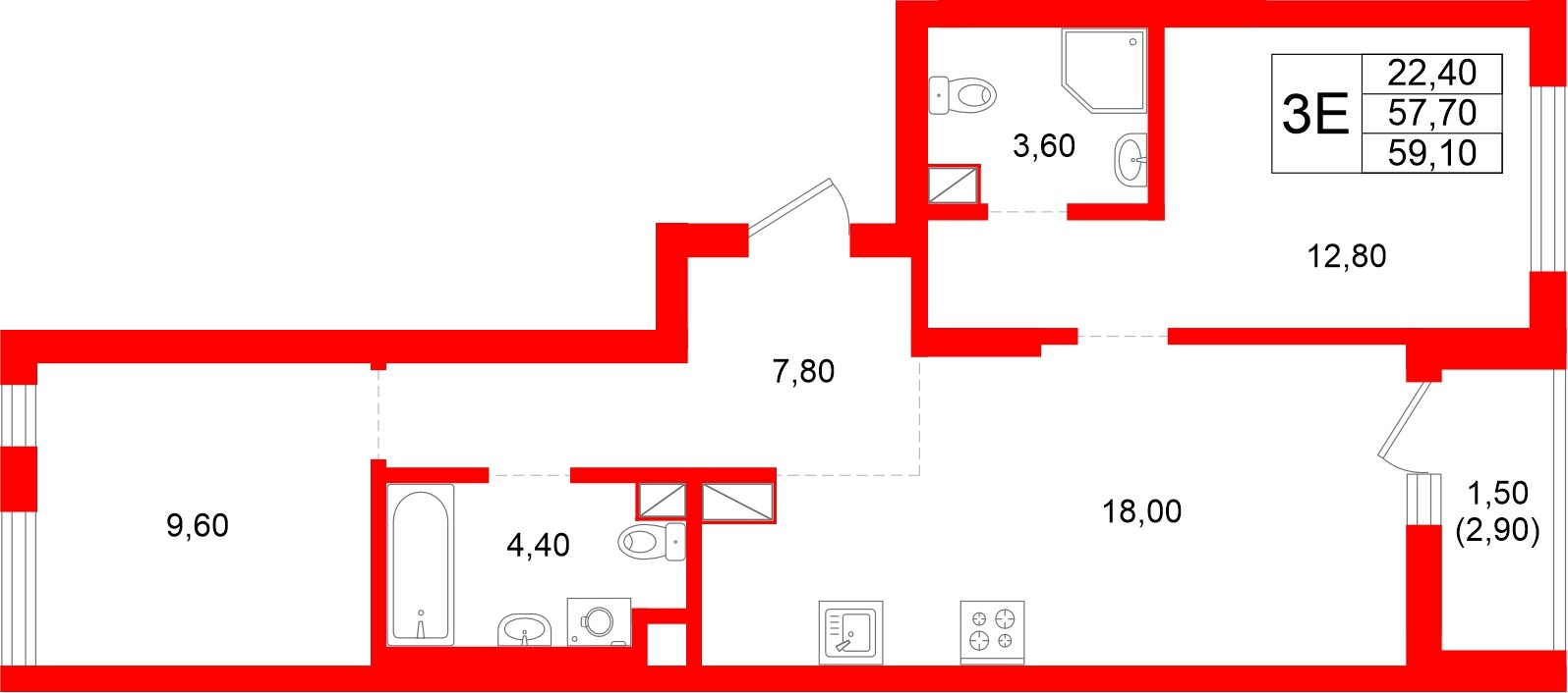 Квартира в ЖК Луччи, 2 комнатная, 59.1 м², 3 этаж