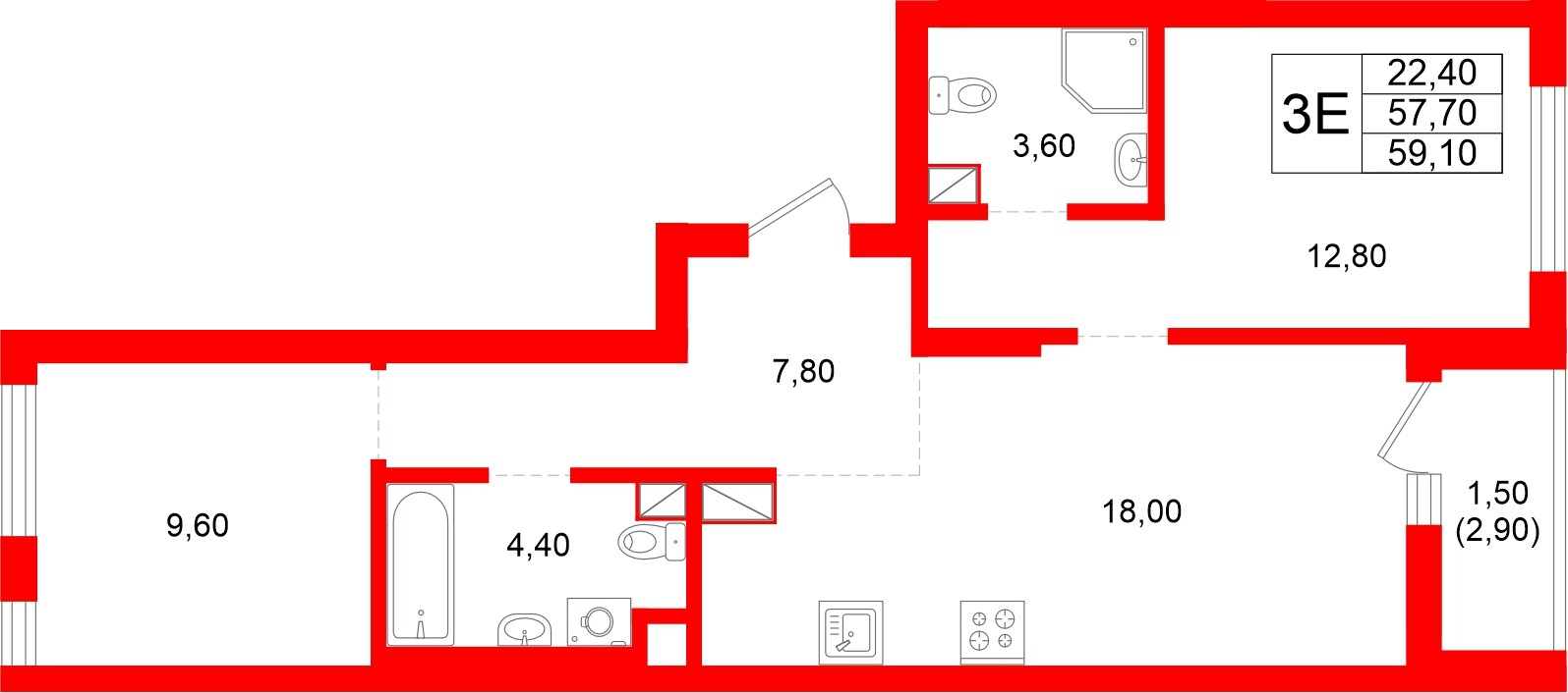 Квартира в ЖК Луччи, 2 комнатная, 59.1 м², 6 этаж
