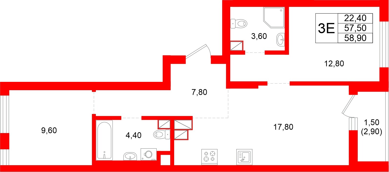 Квартира в ЖК Луччи, 2 комнатная, 58.9 м², 8 этаж