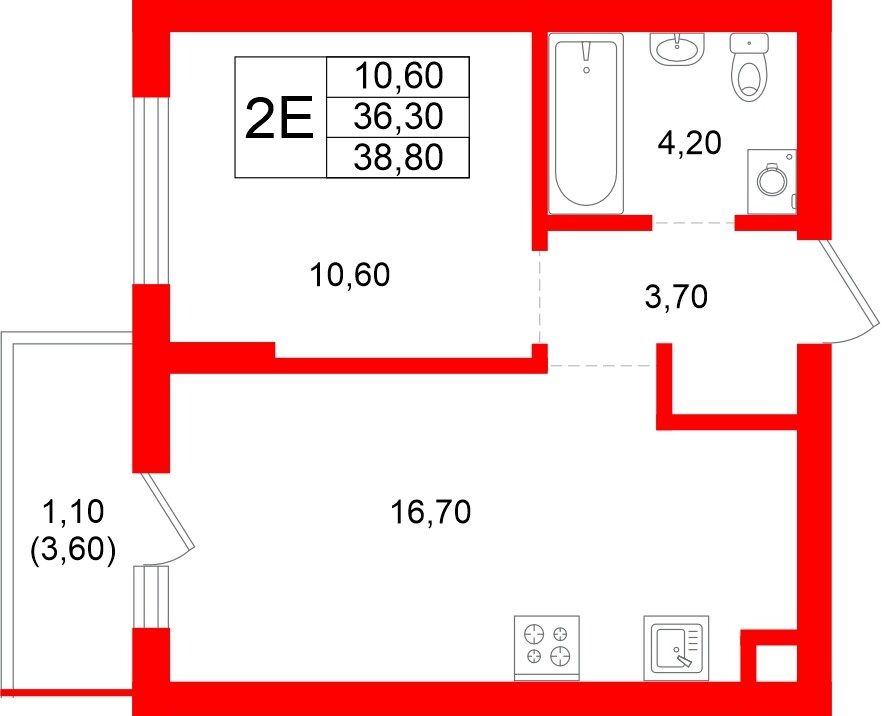 Квартира в ЖК Луччи, 1 комнатная, 38.8 м², 1 этаж