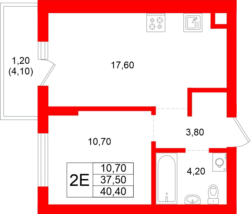 Квартира в ЖК Луччи, 1 комнатная, 40.4 м², 1 этаж