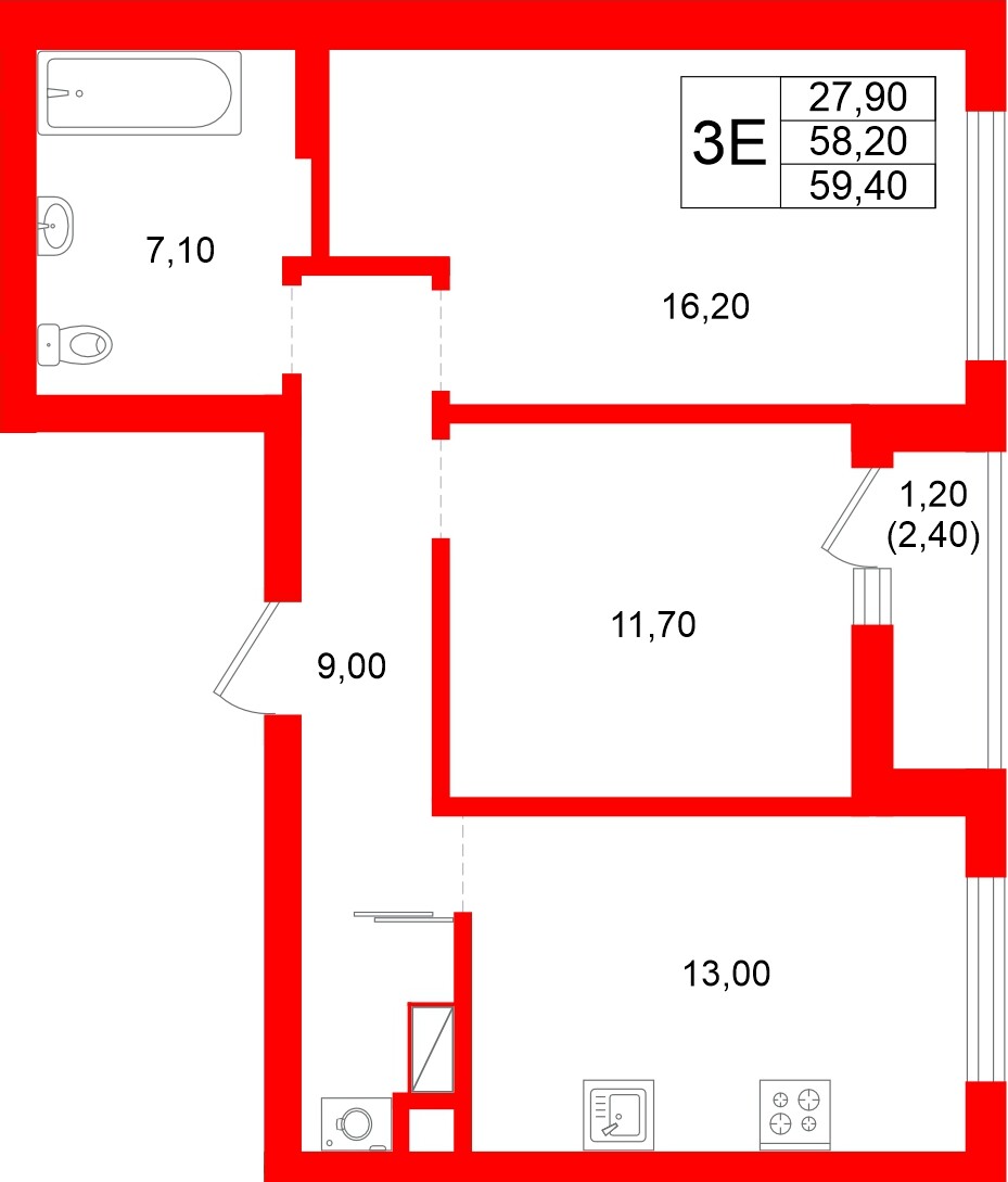 Квартира в ЖК Луччи, 2 комнатная, 59.4 м², 1 этаж