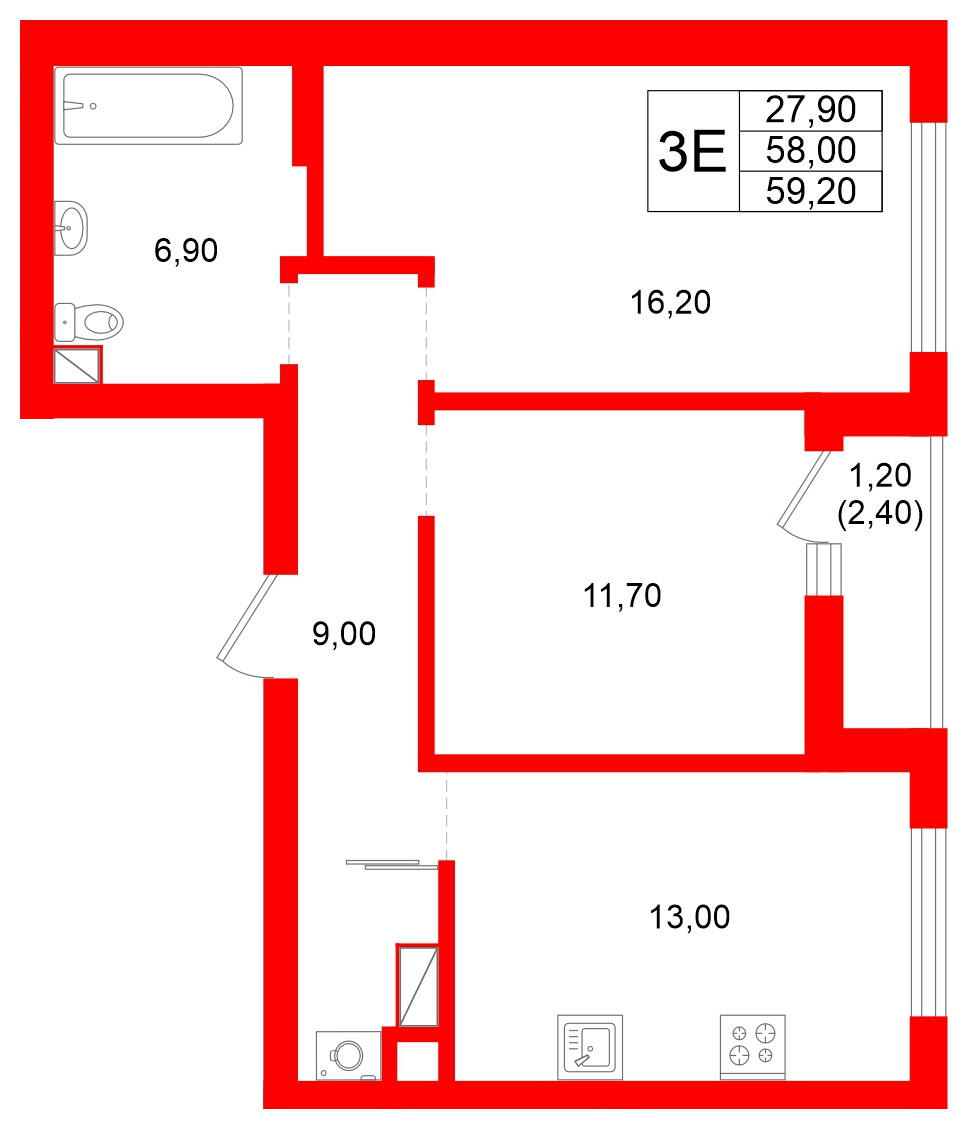 Квартира в ЖК Луччи, 2 комнатная, 59.2 м², 5 этаж