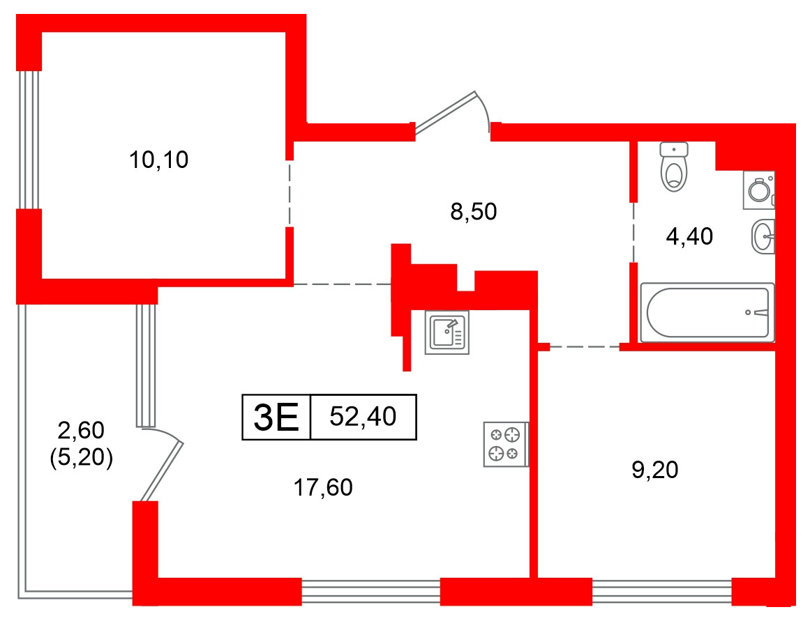 Квартира в ЖК Парковый, 2 комнатная, 52.4 м², 2 этаж