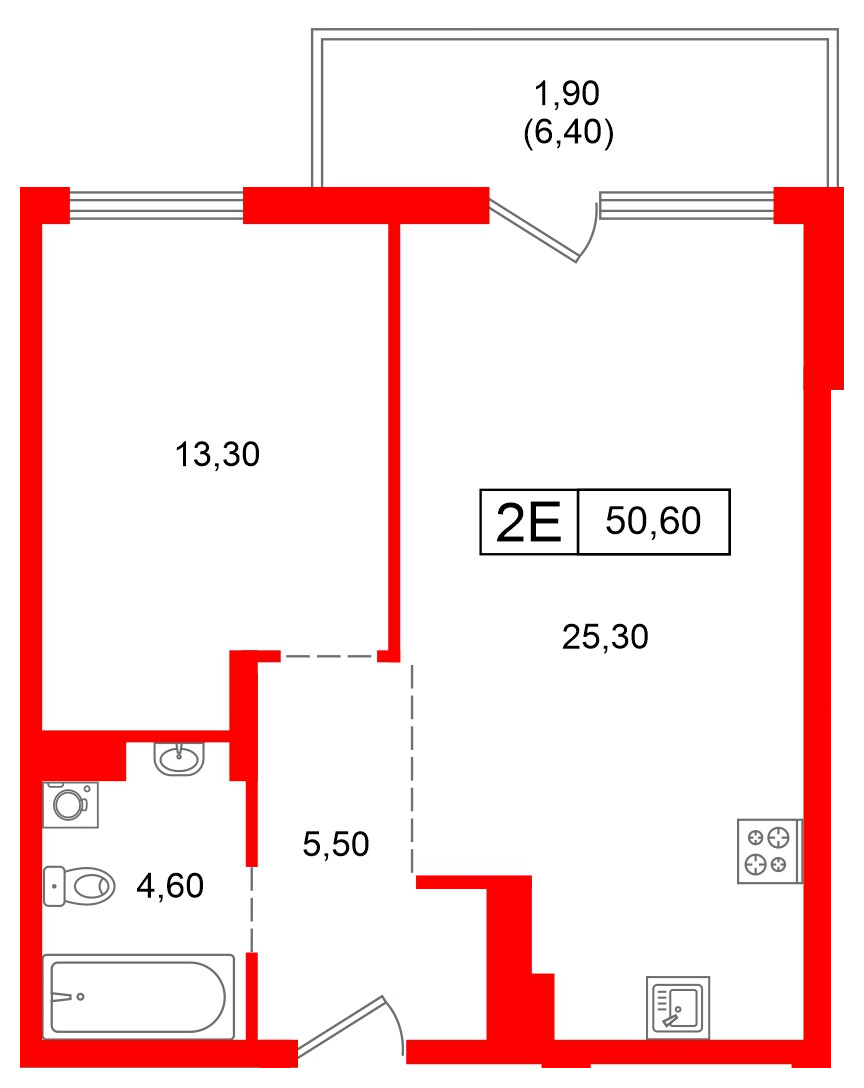 Квартира в ЖК Парковый, 1 комнатная, 50.6 м², 2 этаж