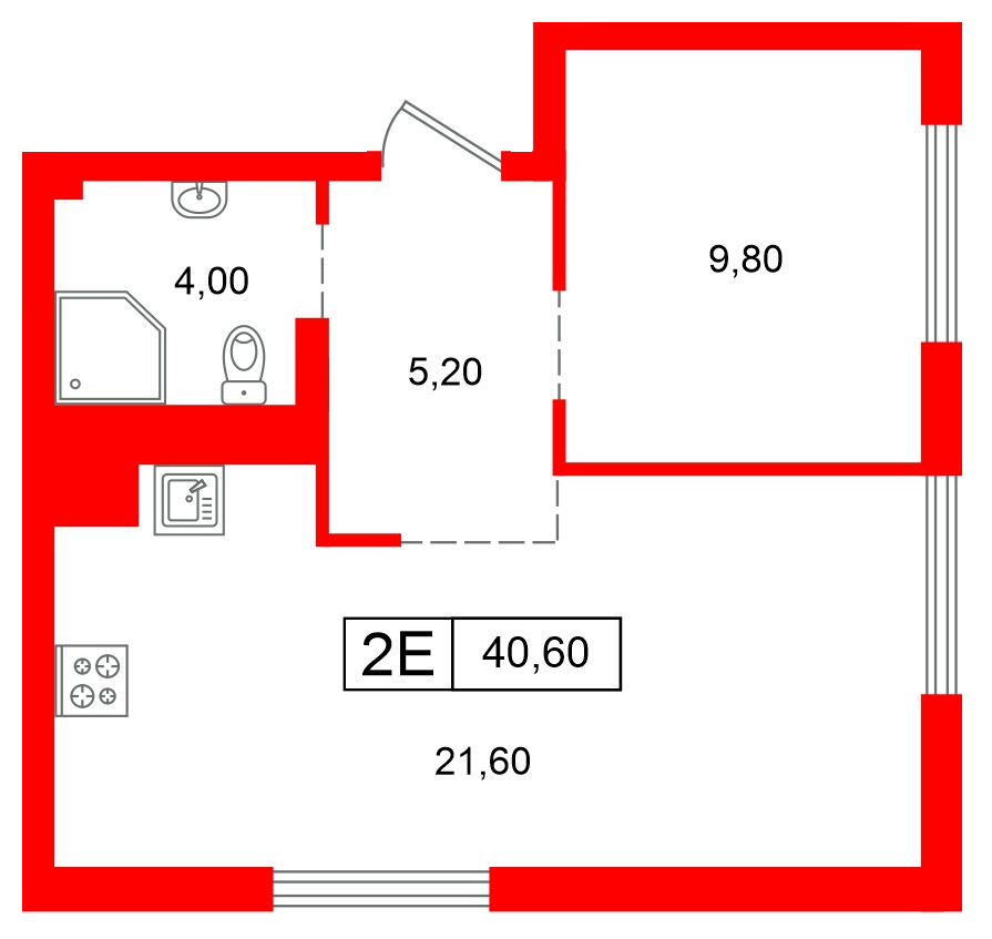 Квартира в ЖК Парковый, 1 комнатная, 40.6 м², 2 этаж