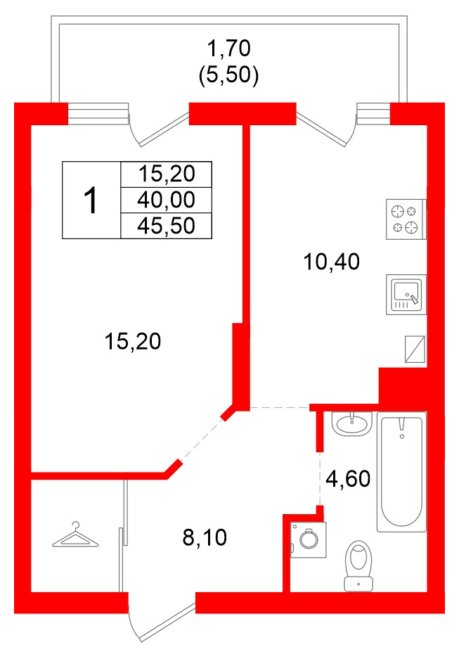 Квартира в ЖК Левада, 1 комнатная, 40 м², 1 этаж