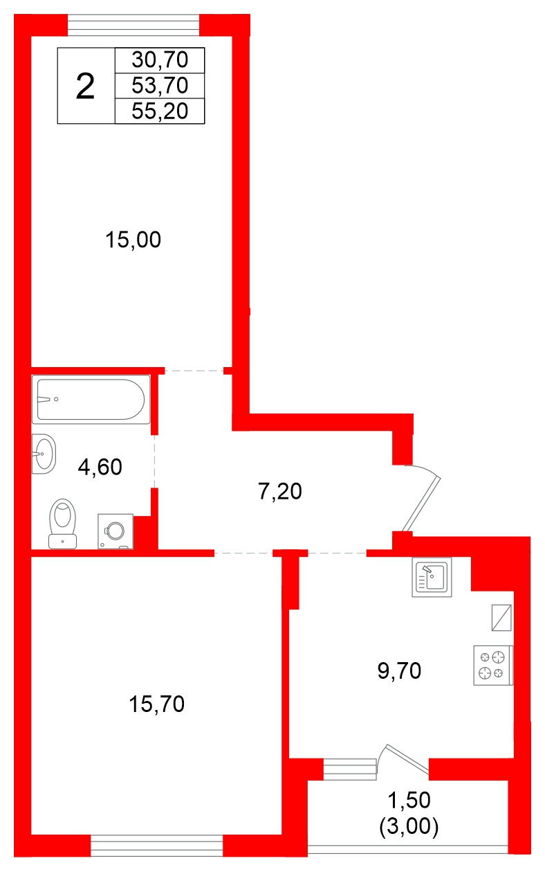 Квартира в ЖК Левада, 2 комнатная, 53.7 м², 1 этаж