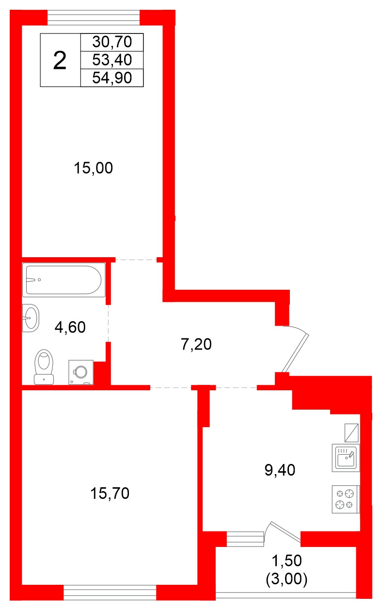 Квартира в ЖК Левада, 2 комнатная, 53.4 м², 9 этаж
