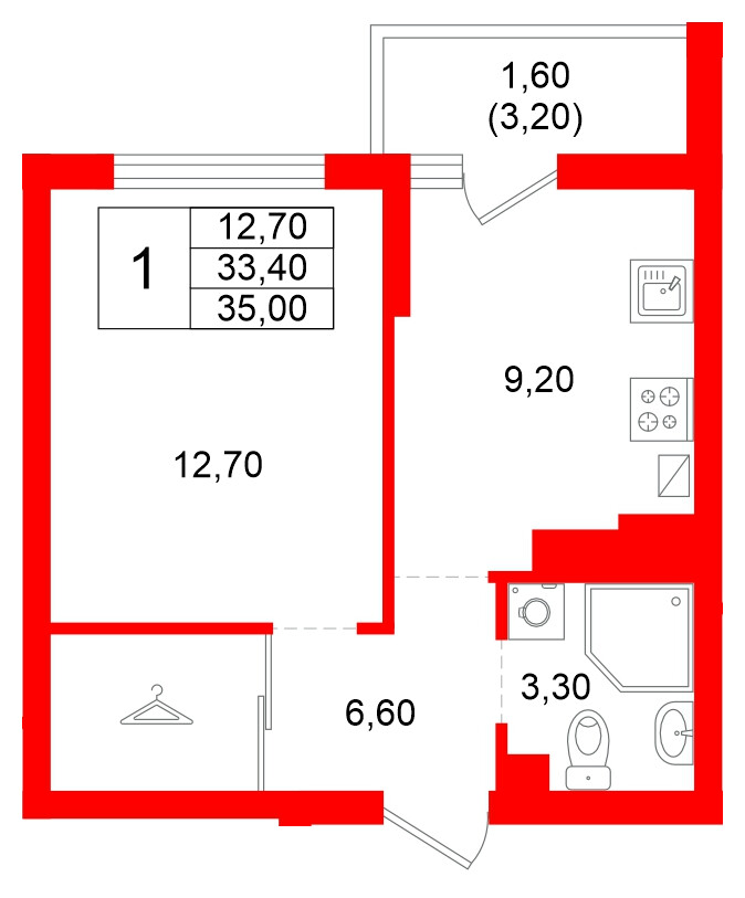 Квартира в ЖК Левада, 1 комнатная, 33.4 м², 9 этаж