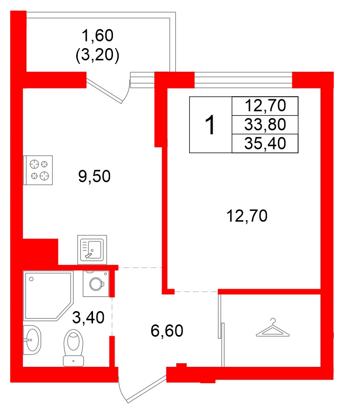 Квартира в ЖК Левада, 1 комнатная, 33.8 м², 1 этаж