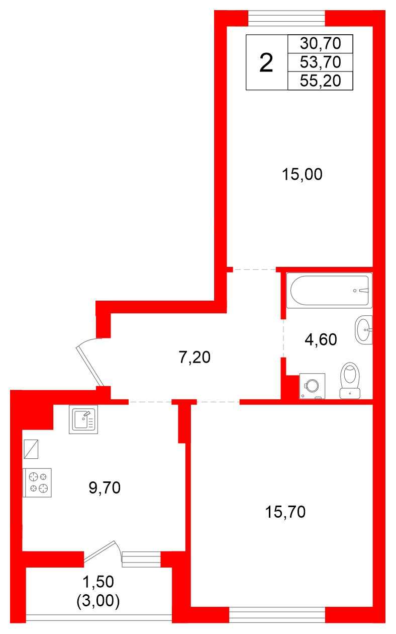 Квартира в ЖК Левада, 2 комнатная, 53.7 м², 1 этаж