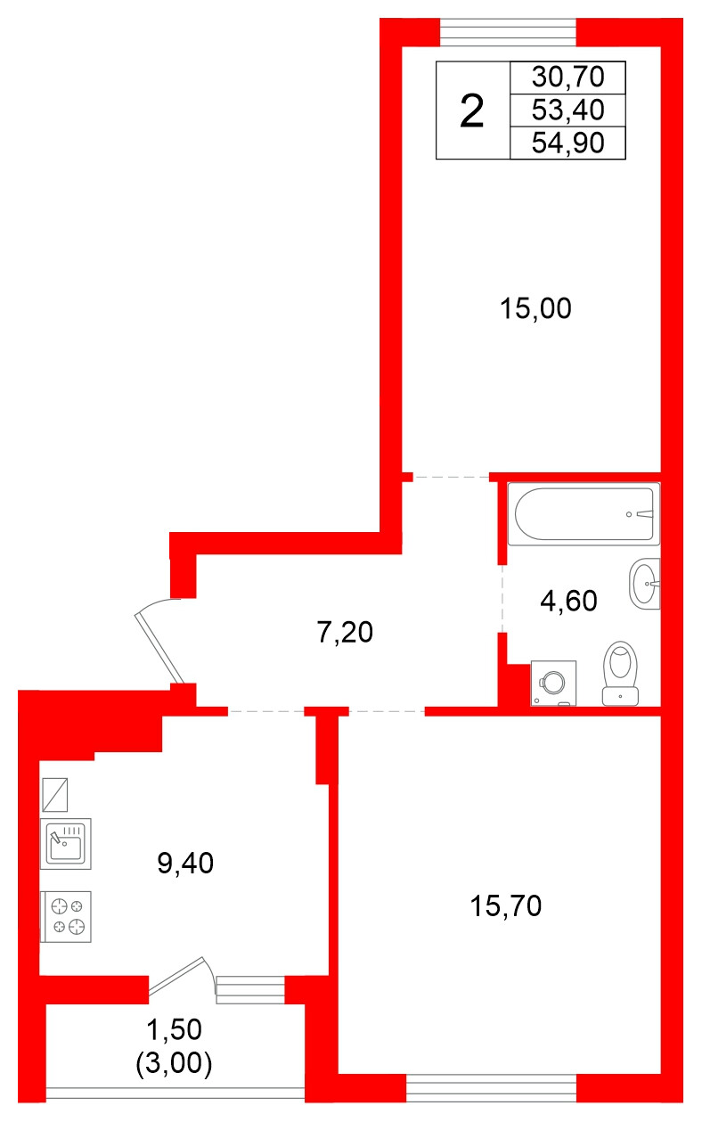 Квартира в ЖК Левада, 2 комнатная, 53.4 м², 8 этаж