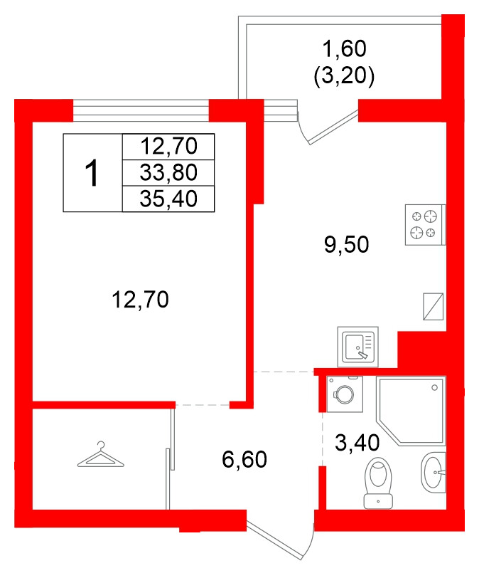 Квартира в ЖК Левада, 1 комнатная, 33.8 м², 1 этаж
