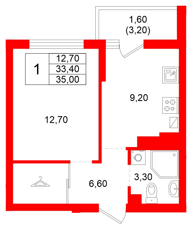 Квартира в ЖК Левада, 1 комнатная, 33.4 м², 4 этаж