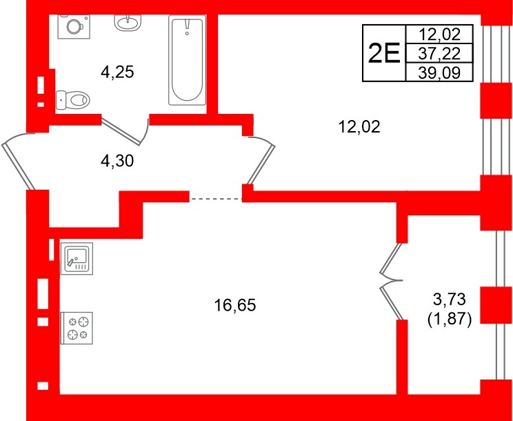 Квартира в ЖК «Включи», 1 комнатная, 39.09 м², 2 этаж
