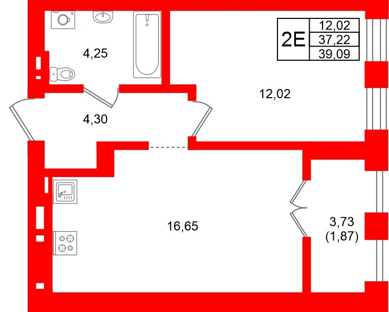 Квартира в ЖК «Включи», 1 комнатная, 39.09 м², 3 этаж