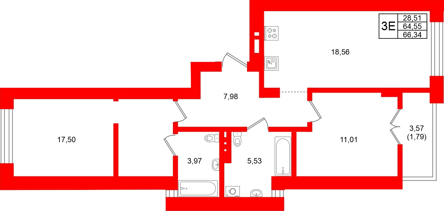 Квартира в ЖК «Включи», 2 комнатная, 66.34 м², 6 этаж